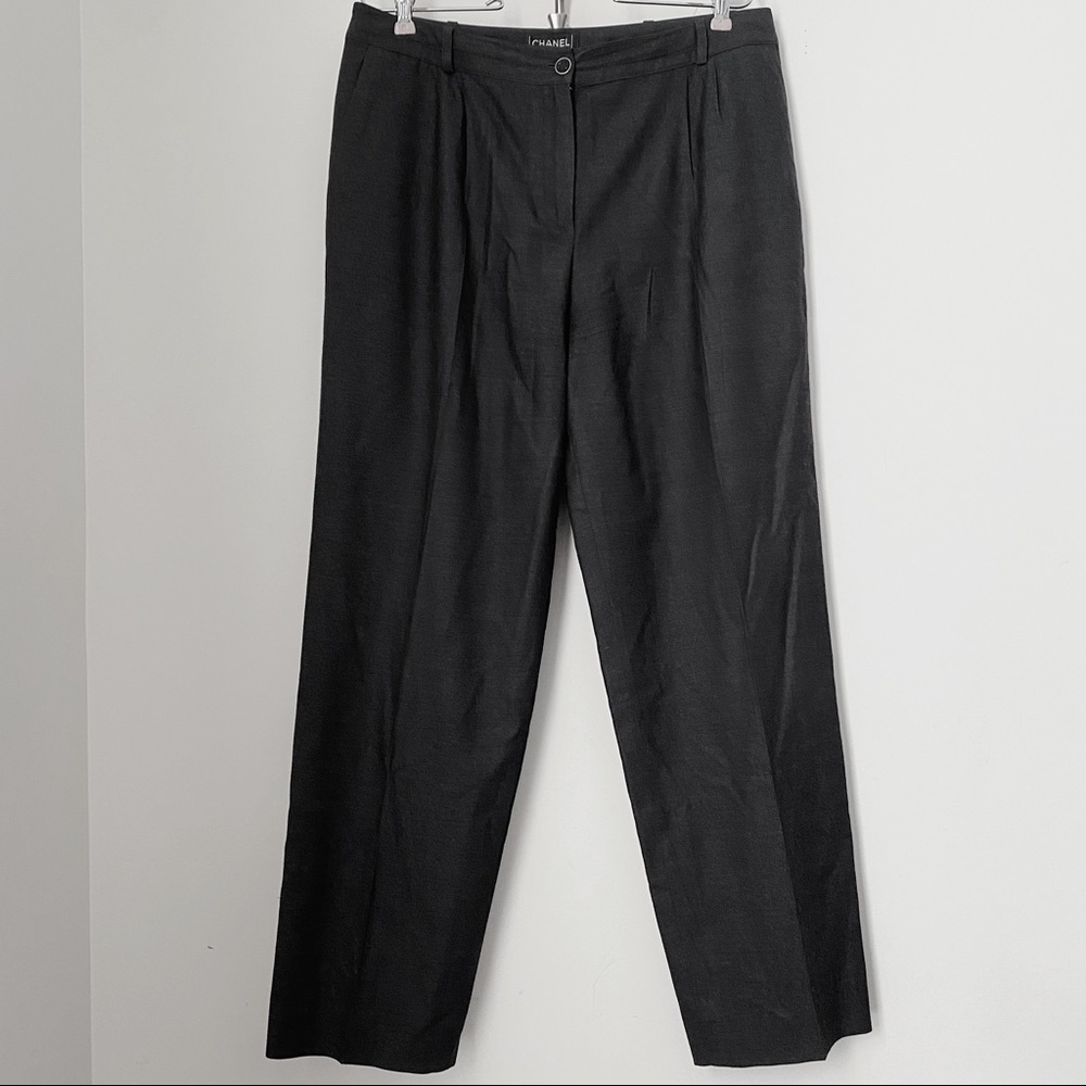 Chanel RTW 100% Gray Wool Pleated Trousers Pants 44 10 12 France